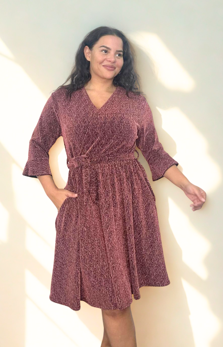 Dani Faux Wrap Dress in Rust Glitter