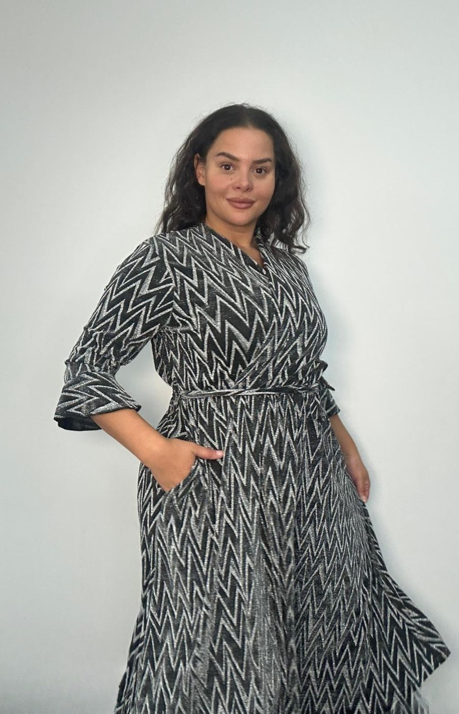 Dani Faux Wrap Dress in Silver Zig Zag