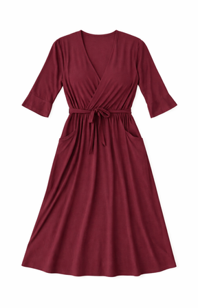 Wine dress with a belt on a white background