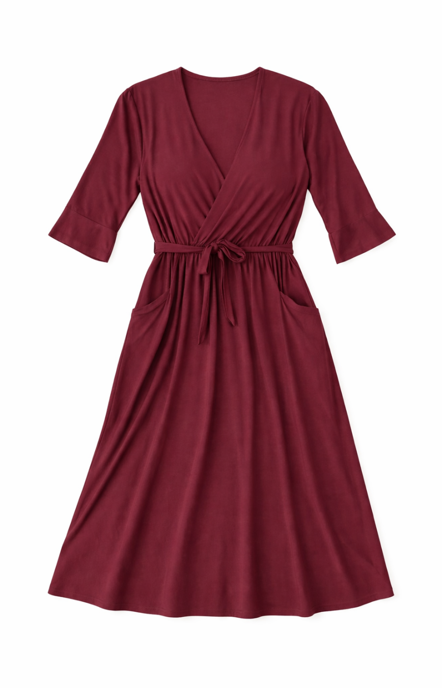 Wine dress with a belt on a white background