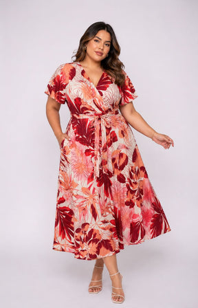 Dani Short Sleeve Dress in Exotic Coral Leaf 