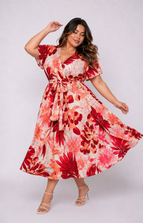 Dani Short Sleeve Dress in Exotic Coral Leaf 