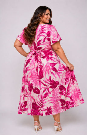 Dani Short Sleeve Dress in Exotic Pink Leaf 