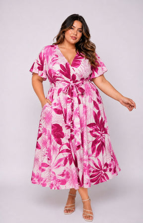 Dani Short Sleeve Dress in Exotic Pink Leaf 