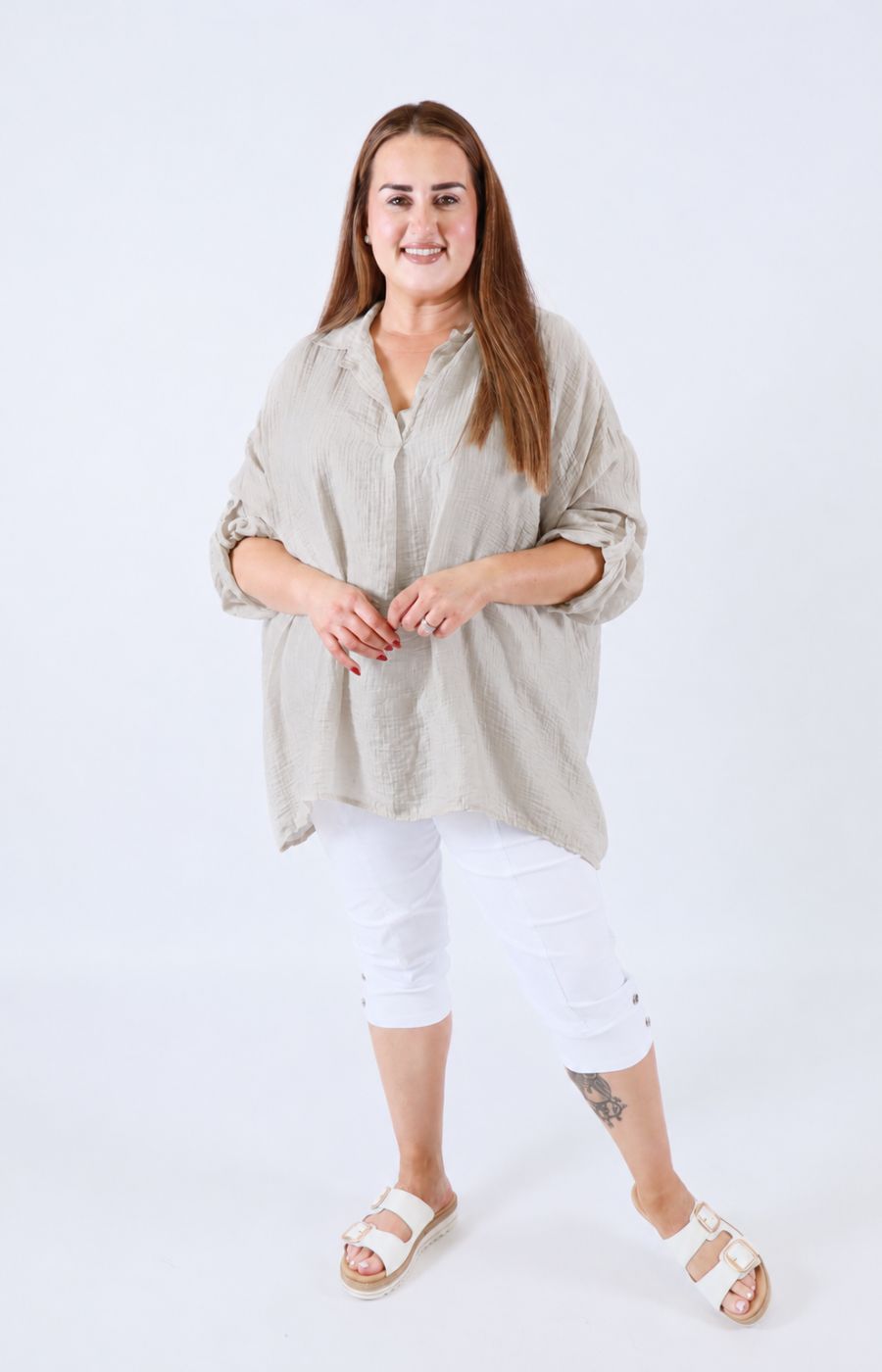 Ellie V Neck Blouse in Beige 