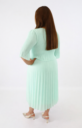 Woman wearing a light green dress with a plain white background