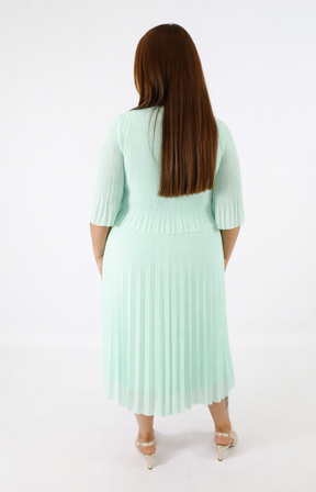 Woman wearing a light green pleated dress on a white background