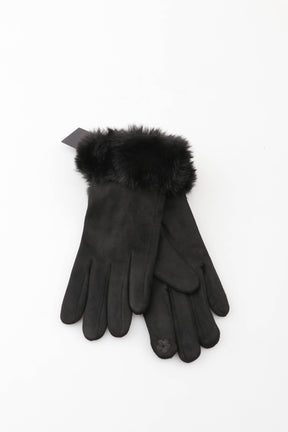 Black gloves with fur trim on a white background