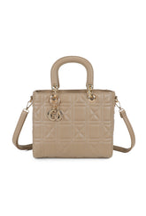 Beige handbag with gold accents on a white background