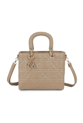 Beige handbag with gold accents on a white background