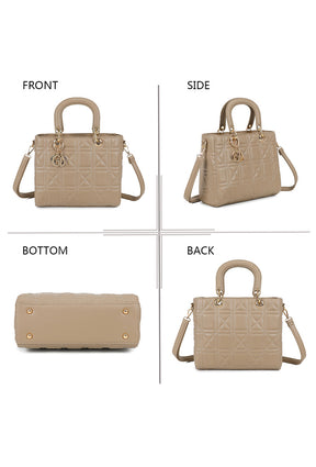 Beige handbag shown from front, side, bottom, and back perspectives on a white background.