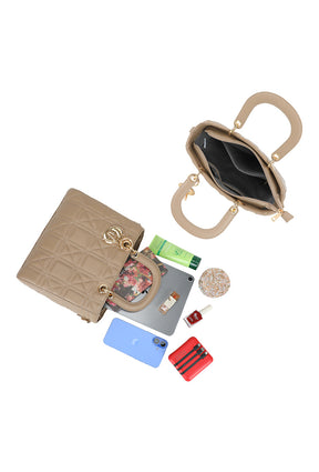 Beige handbag with various items including a phone, wallet, and makeup products on a white background