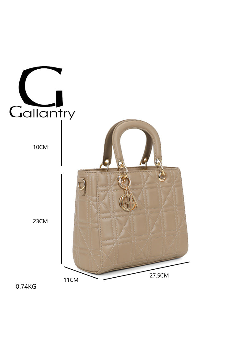 Beige handbag with dimensions and Gallantry brand logo on a white background 