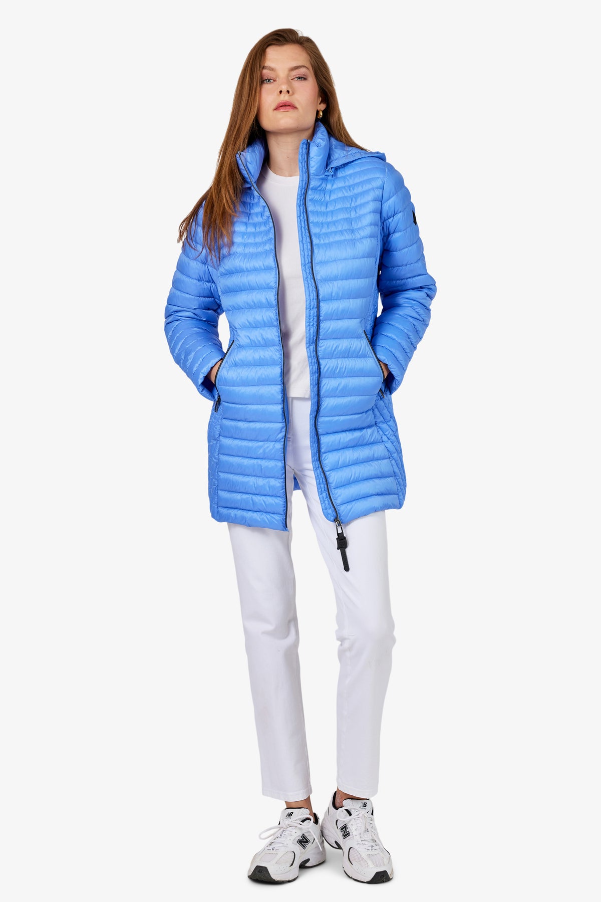 Frandsen Water Repellent Coat in Blue, a long line water repellent coat