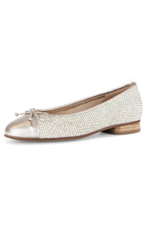 White and gold flat shoe on a white background