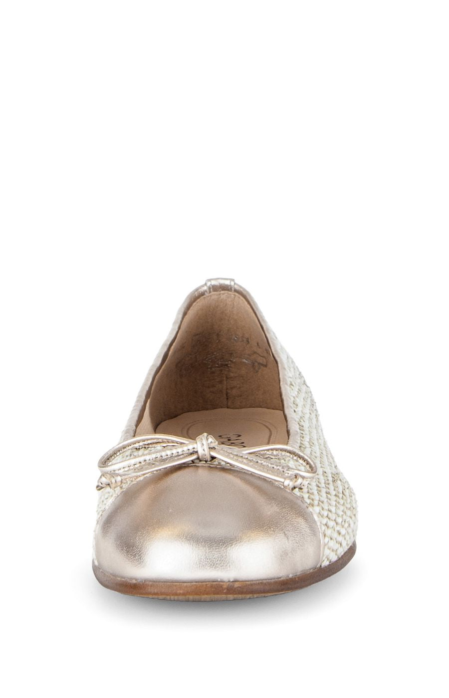 Gold metallic flat shoe with decorative bow on a white background
