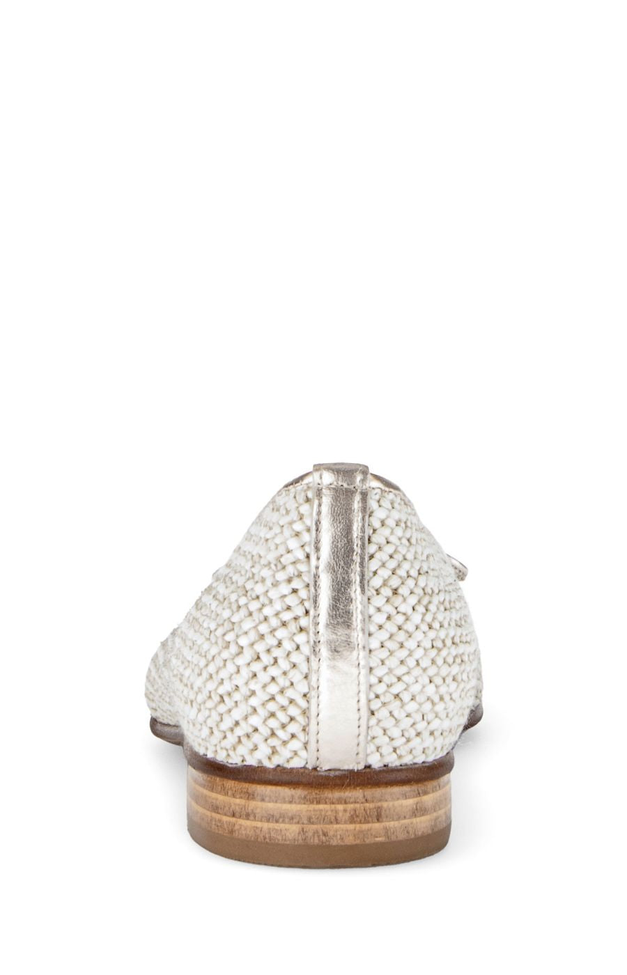 Gold and White shoe with woven pattern on a white background