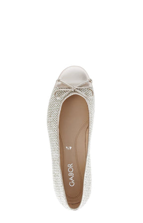 Gold and White flat shoe with decorative bow on a white background