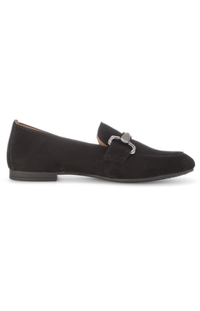 Black suede loafer with a silver buckle on a white background 