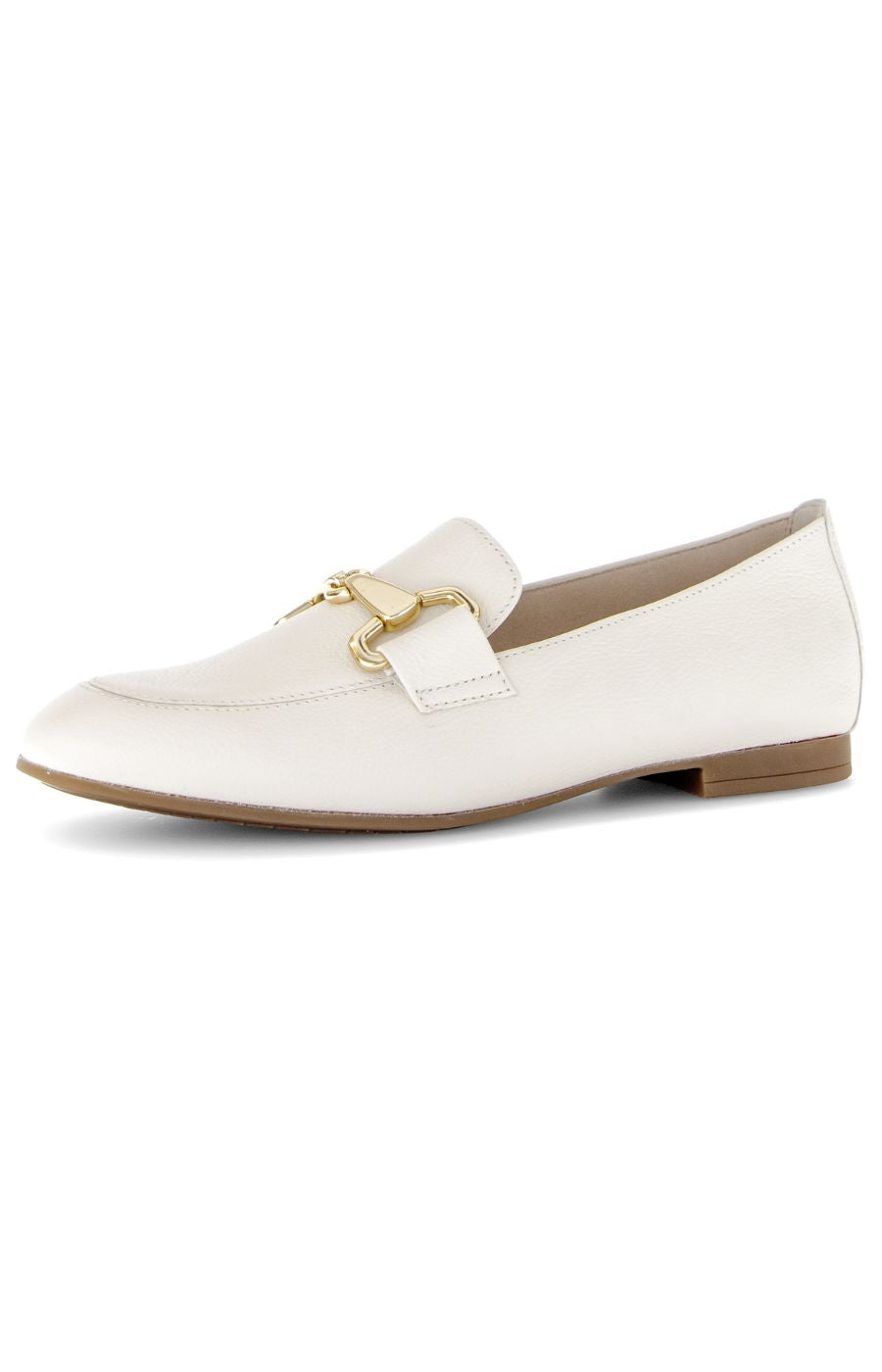 White loafer shoe with a gold buckle on a white background