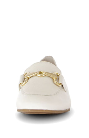 Cream loafer with gold chain detail on a white background