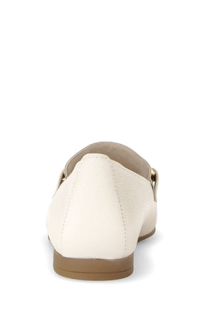 cream loafer shoe with brown sole on a white background