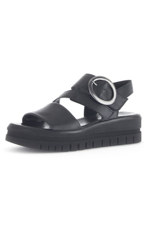 Gabor Platform Sandal in Black, a Black sandal with a metallic buckle on a white background