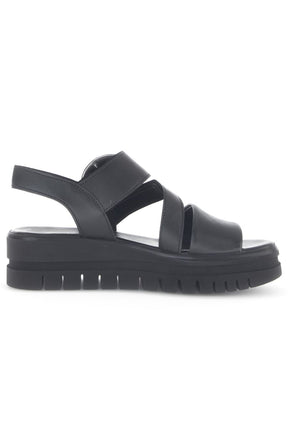 Gabor Platform Sandal in Black, a Black sandal with a metallic buckle on a white background 