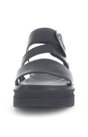 Gabor Platform Sandal in Black, a Black sandal with a metallic buckle on a white background  