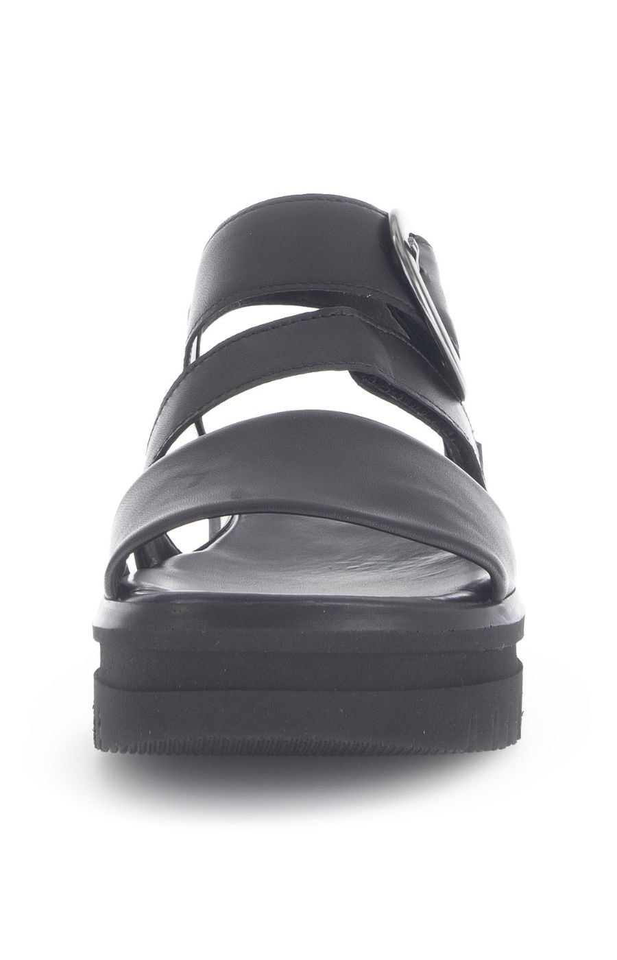 Gabor Platform Sandal in Black, a Black sandal with a metallic buckle on a white background  