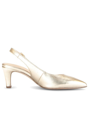 Gabor Sling Back in Gold, Gold high-heeled shoe on a white background