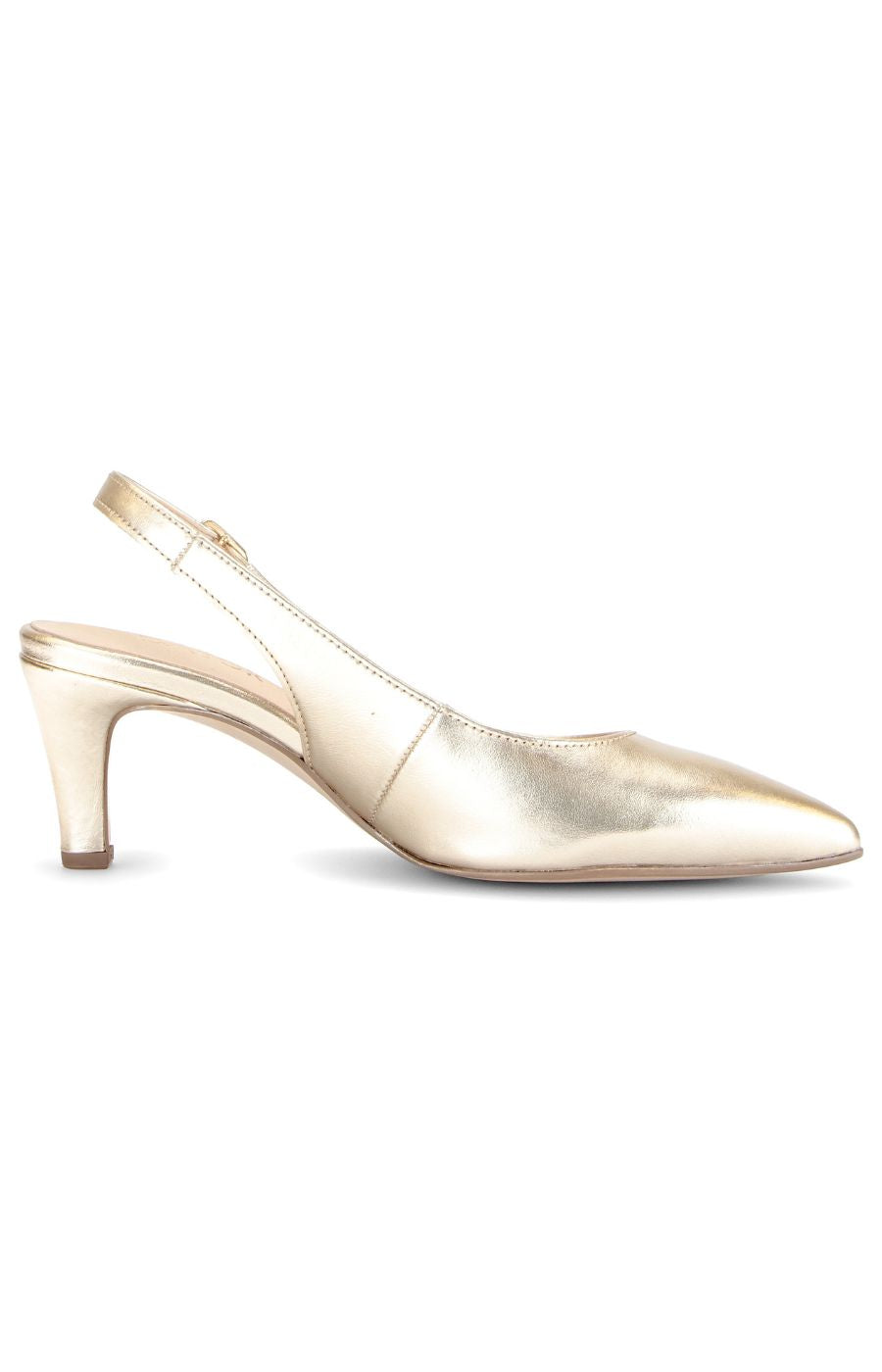 Gabor Sling Back in Gold, Gold high-heeled shoe on a white background