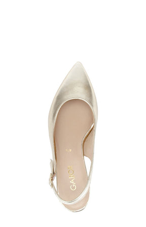 Gabor Sling Back in Gold, Gold high-heeled shoe on a white background