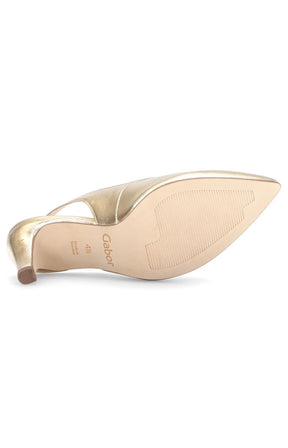 Gabor Sling Back in Gold. Gold high-heeled shoe on a white background