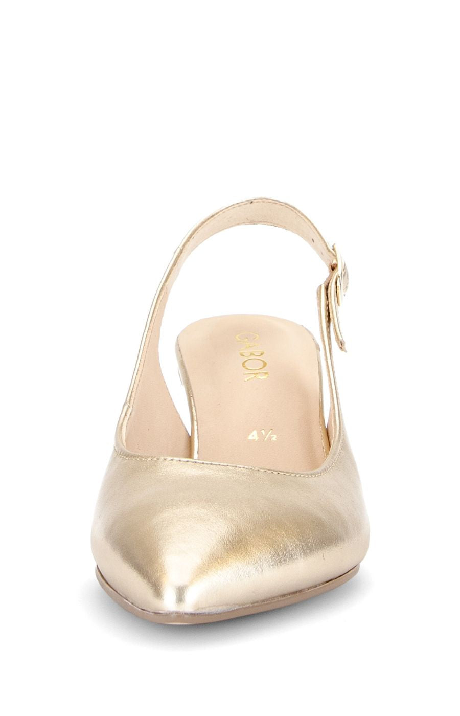 Gold slingback shoe on a white background