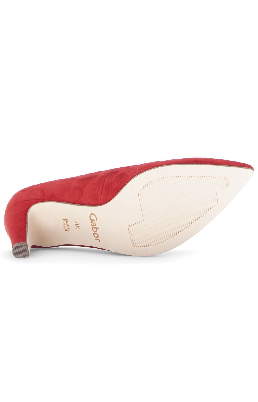 Red and white shoe with 'Gabor' branding on a white background