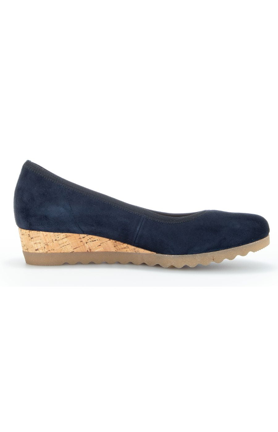 Navy blue wedge shoe with cork sole on a white background