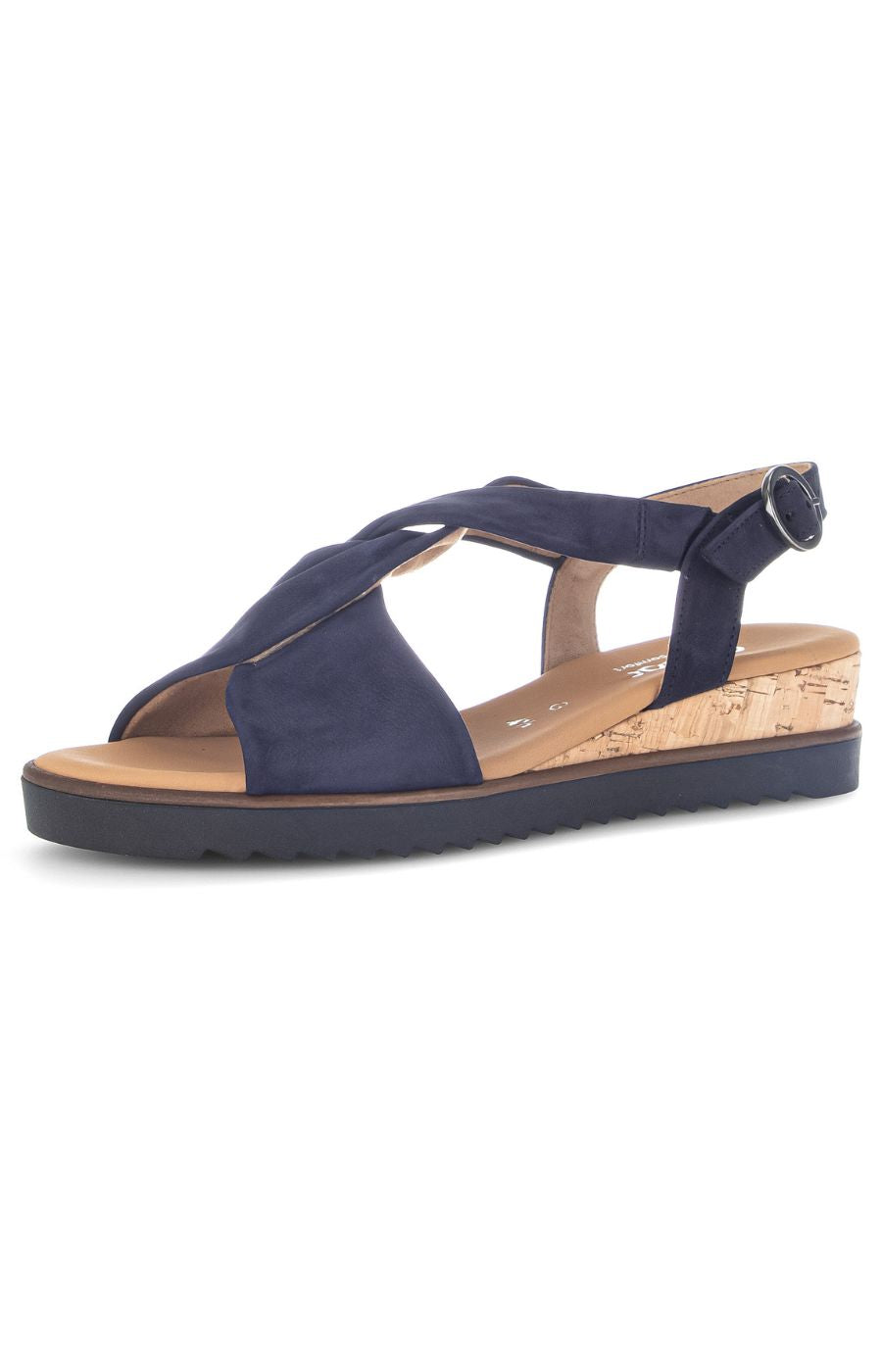Gabor Twist Sandal in Navy Suede, a navy sandal with buckle closure, twist detailing on the foot, suede upper