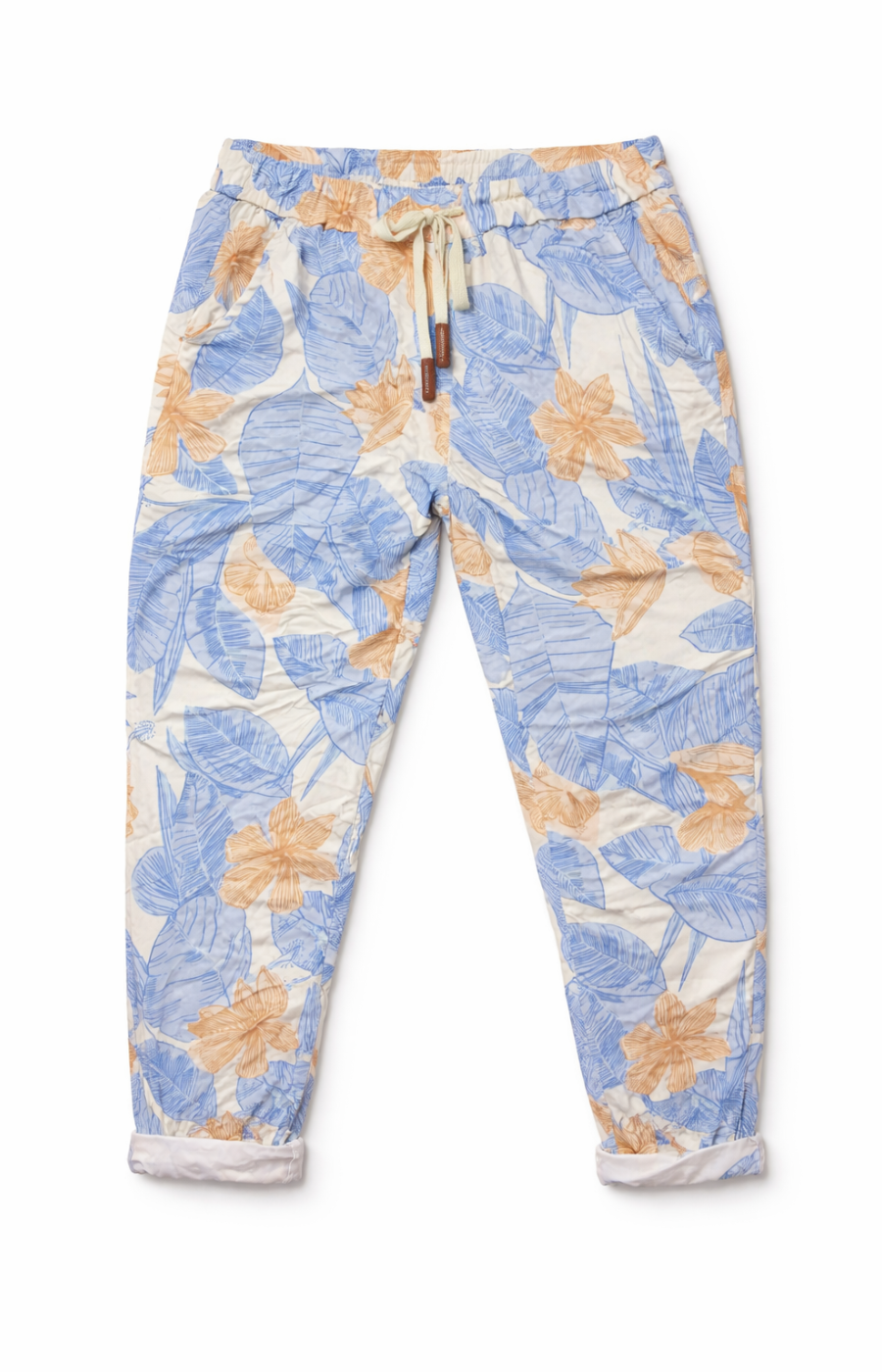 Floral patterned pants on a white background