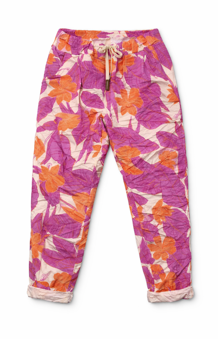 Colorful floral-patterned pants on a white background