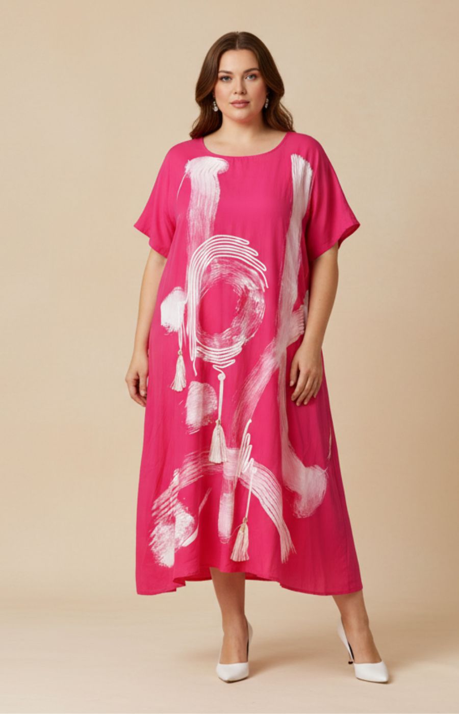 Giselle Dress in Pink, A loose fit dress with an A-line shape, Round neckline, short sleeves, side pockets and a funky white brush mark design on the front