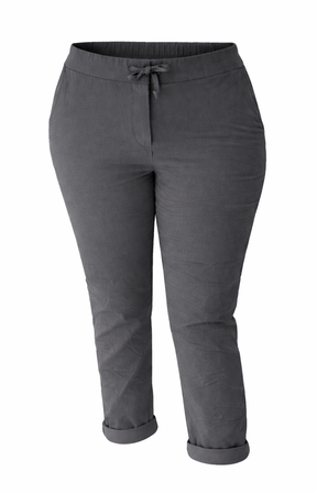 Dark gray pants with a drawstring waist on a white background