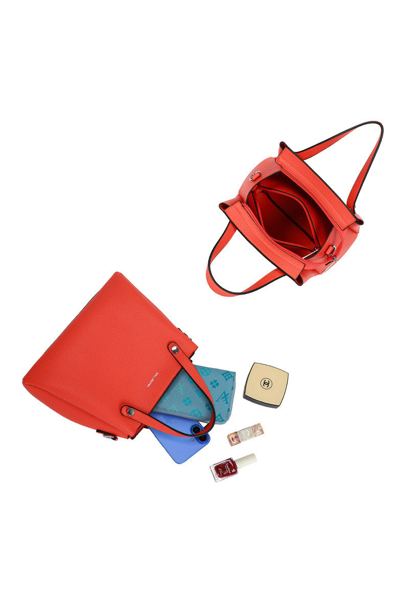 Two Orange handbags, one with small items on a white background, other showing the bag open from above