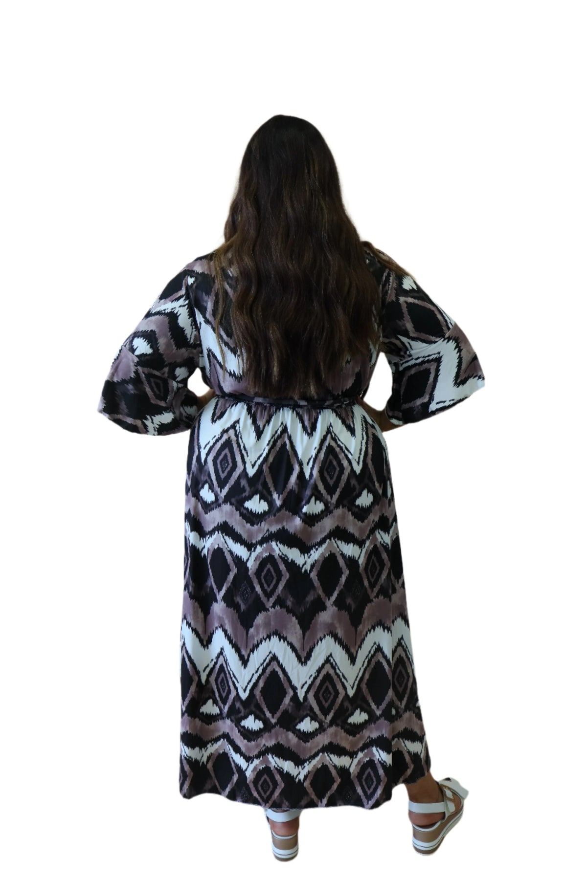 Beth Faux Wrap Dress in Brown Print