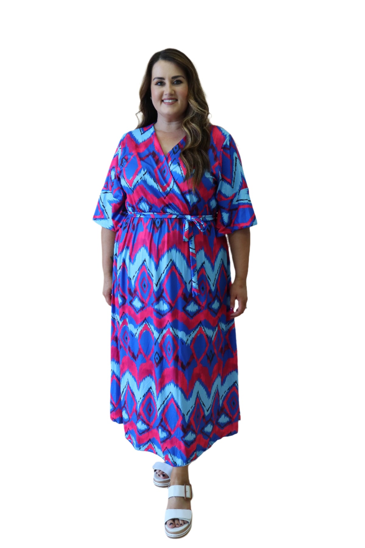 Beth Faux Wrap Dress in Blue Print