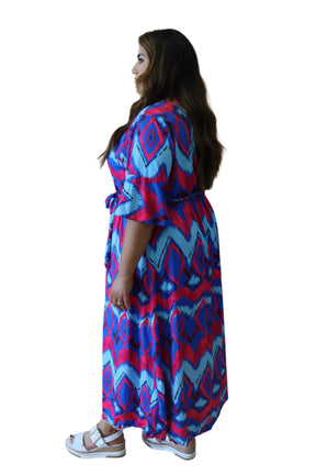 Beth Faux Wrap Dress in Blue Print