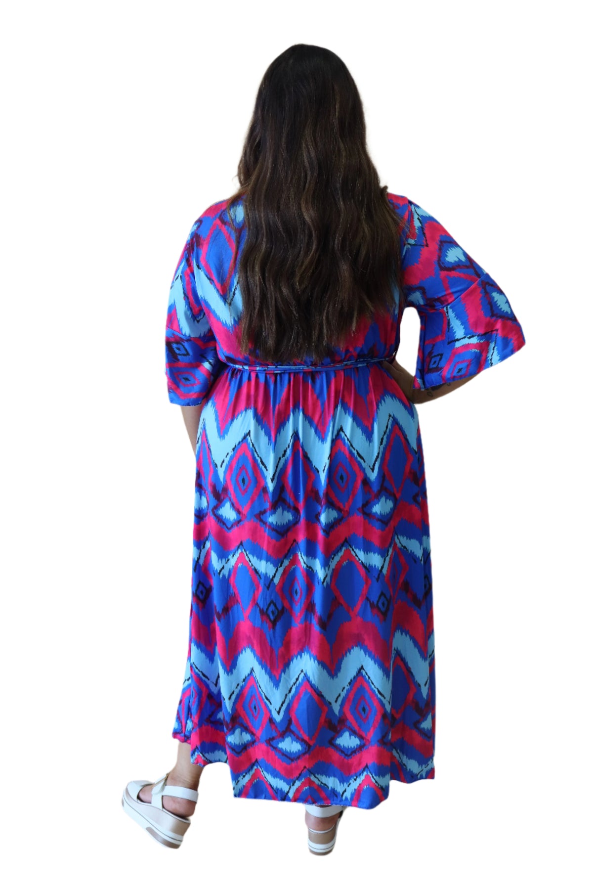 Beth Faux Wrap Dress in Blue Print