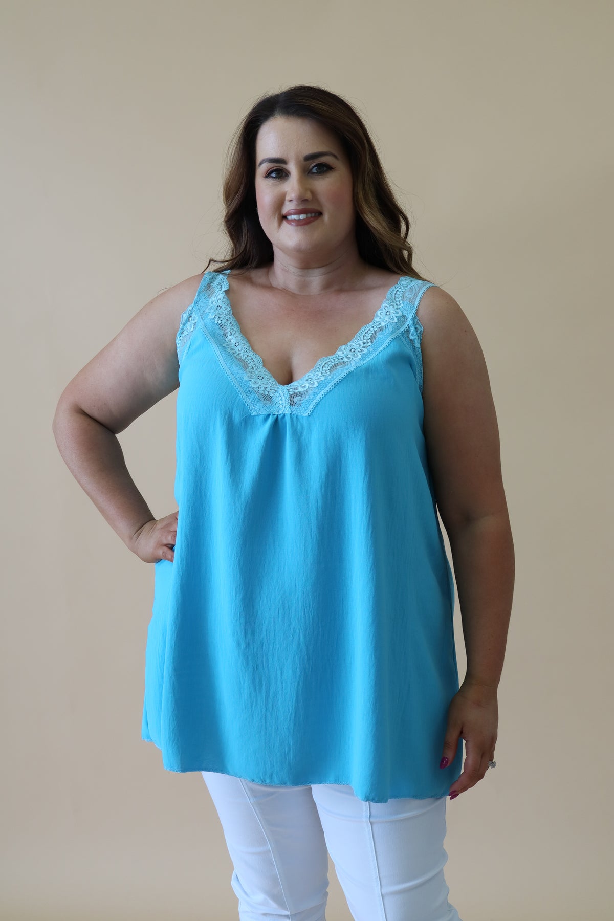 Jade Lace Trim Vest in Turquoise