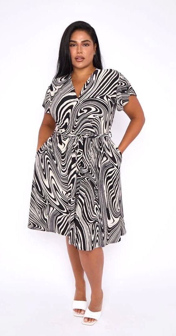 Demi Faux Wrap Dress in Wavy Black