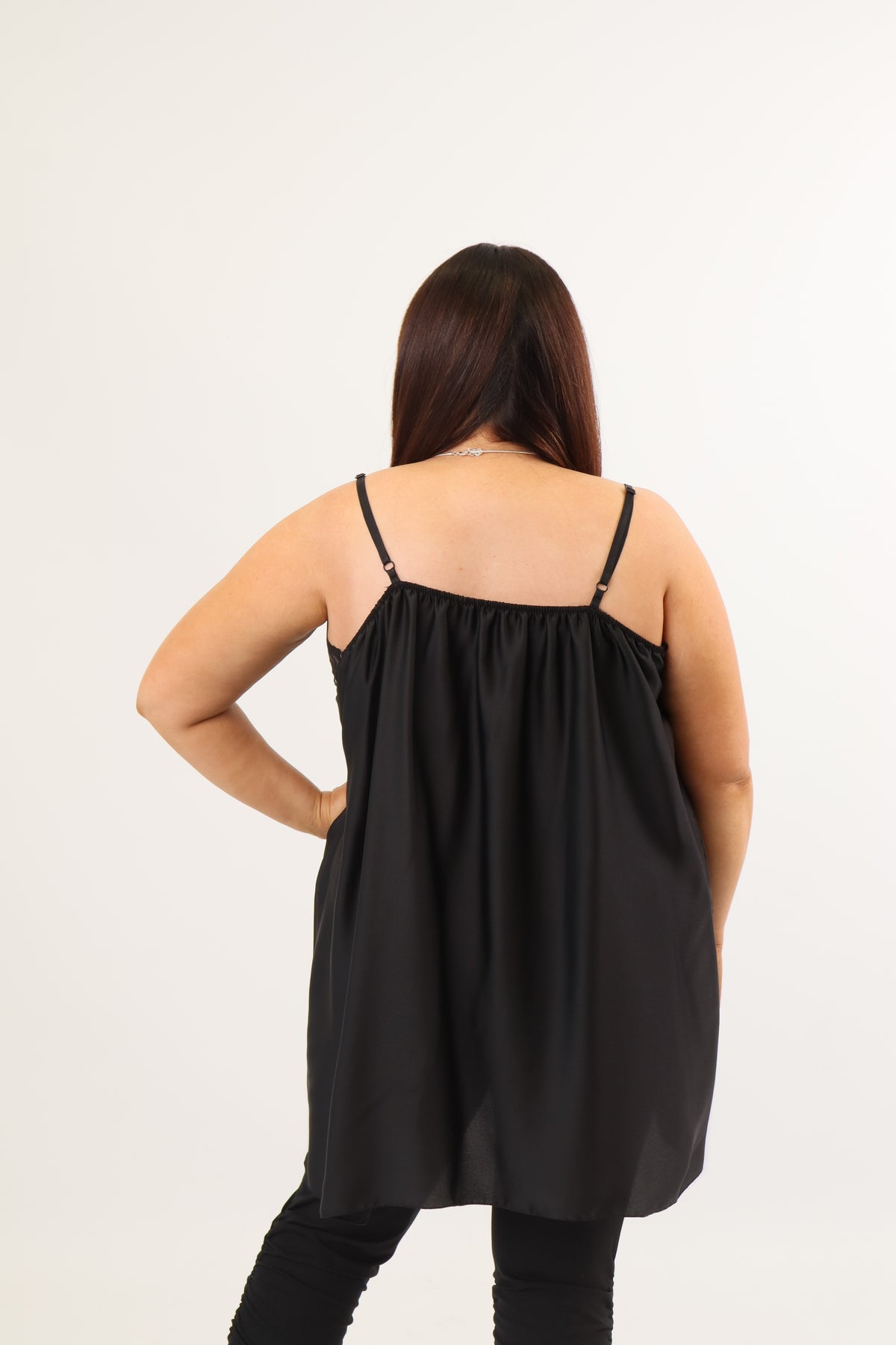 Nia Longline Lace Trim Satin Vest in Black